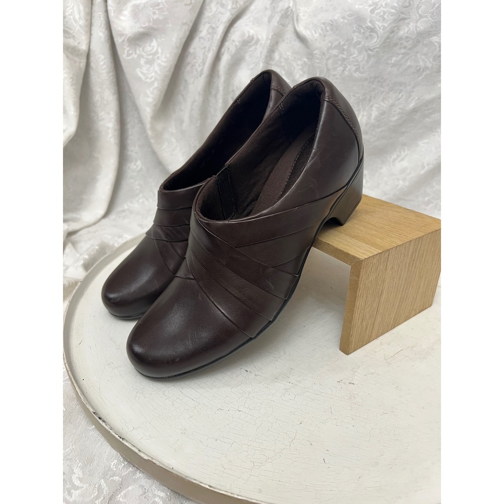 Clarks Collection Brown Leather Pleated Block Heel Shooties 26104741 Womens 9M